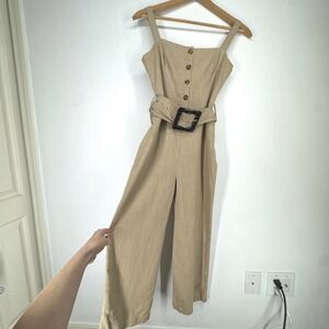 STAUD Linen Blend Wide Leg Belted Button Jumpsuit Cropped Size 6 Luxury Minimal